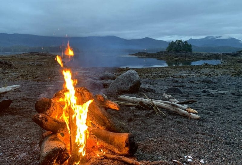 Small Camp Fire on Beach in the Evening